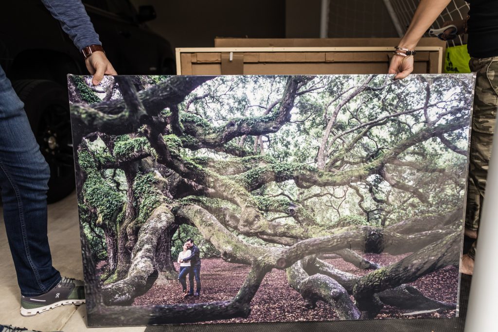 Two people hold a large framed photograph showing a couple standing under a sprawling, moss-covered tree with twisted branches in a forest setting.