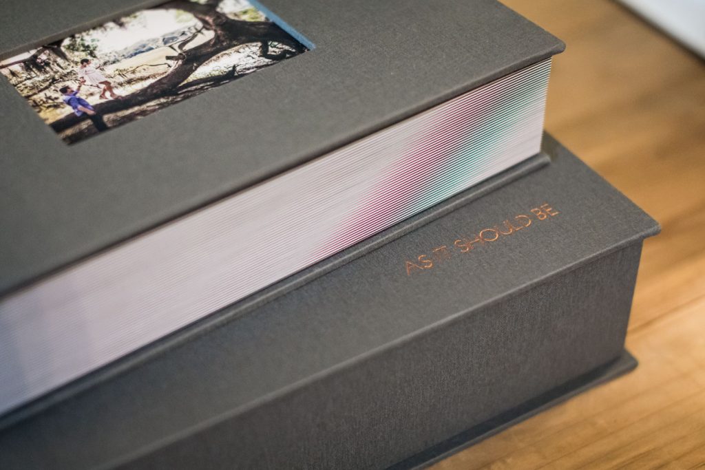 A close-up of two stacked gray hardcover books, one with a small photo on the cover and the other embossed with the words AS IT SHOULD BE in gold lettering, resting on a wooden surface.