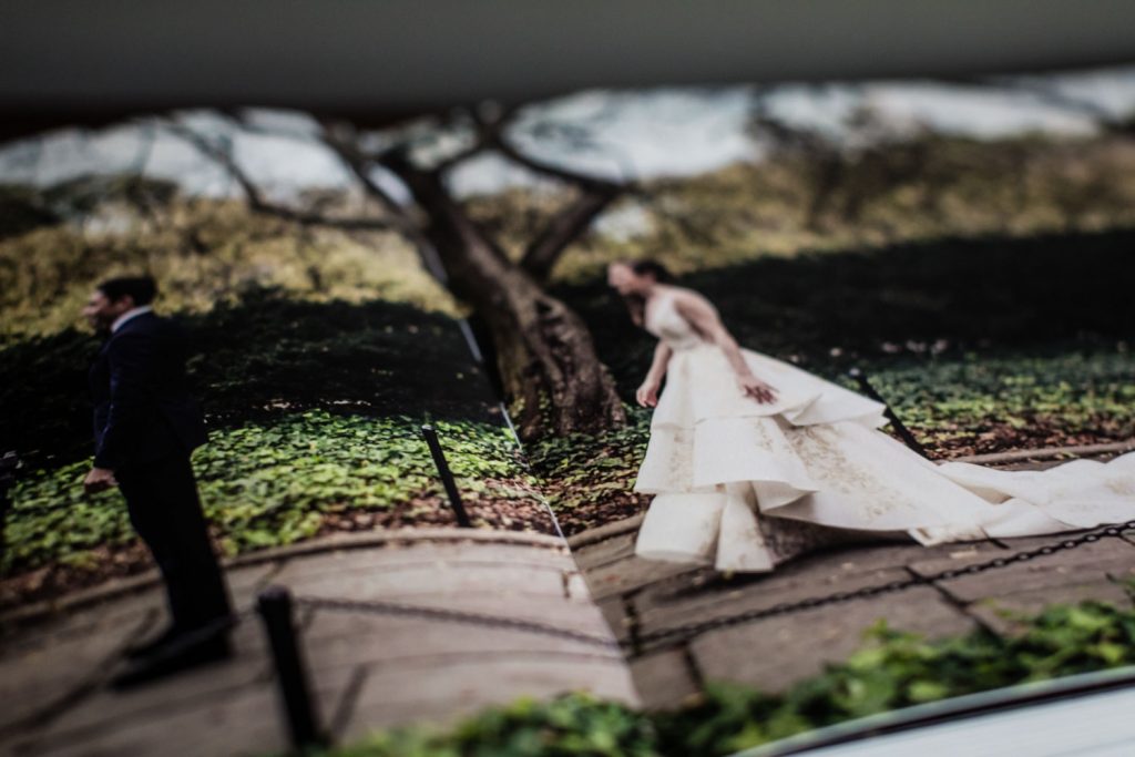 A blurred photo of a bride in a white gown and a groom in a dark suit, standing outdoors on a path surrounded by greenery and trees, possibly from a wedding album.