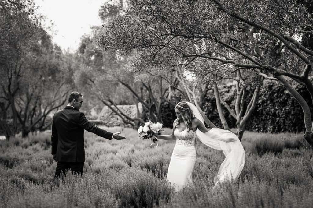 A bride and groom walk hand in hand through a field of tall grass and trees. The bride wears a flowing white dress and veil, holding a bouquet. The groom is in a suit, reaching towards her. The atmosphere is serene and romantic.