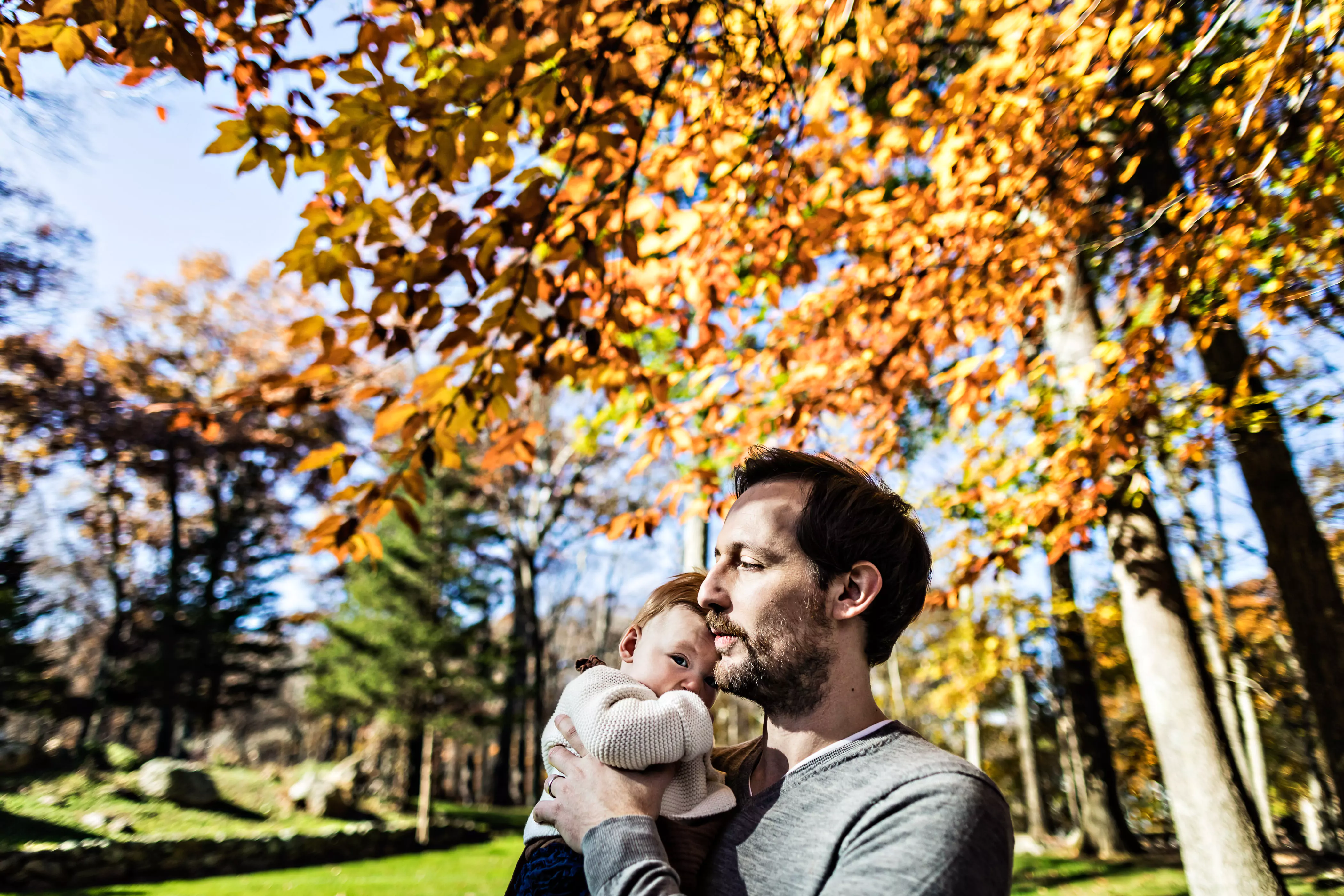 A man holds a baby in a park surrounded by trees with golden autumn leaves. The sky is clear and blue, suggesting a sunny day. The man is wearing a gray sweater, while the baby is in a light-colored outfit.